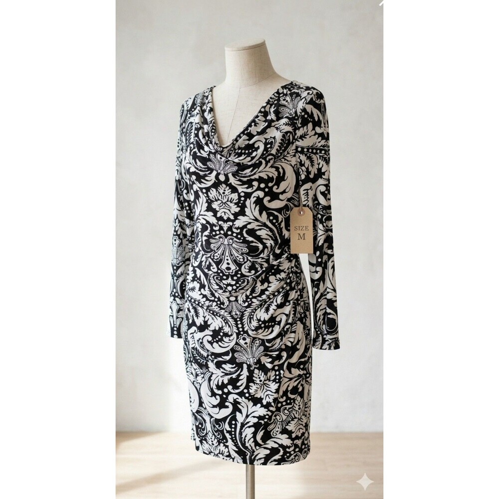 VTG Y2K Black White Damask Dress M Cowl Neck Ruched Bodycon Stretch Party